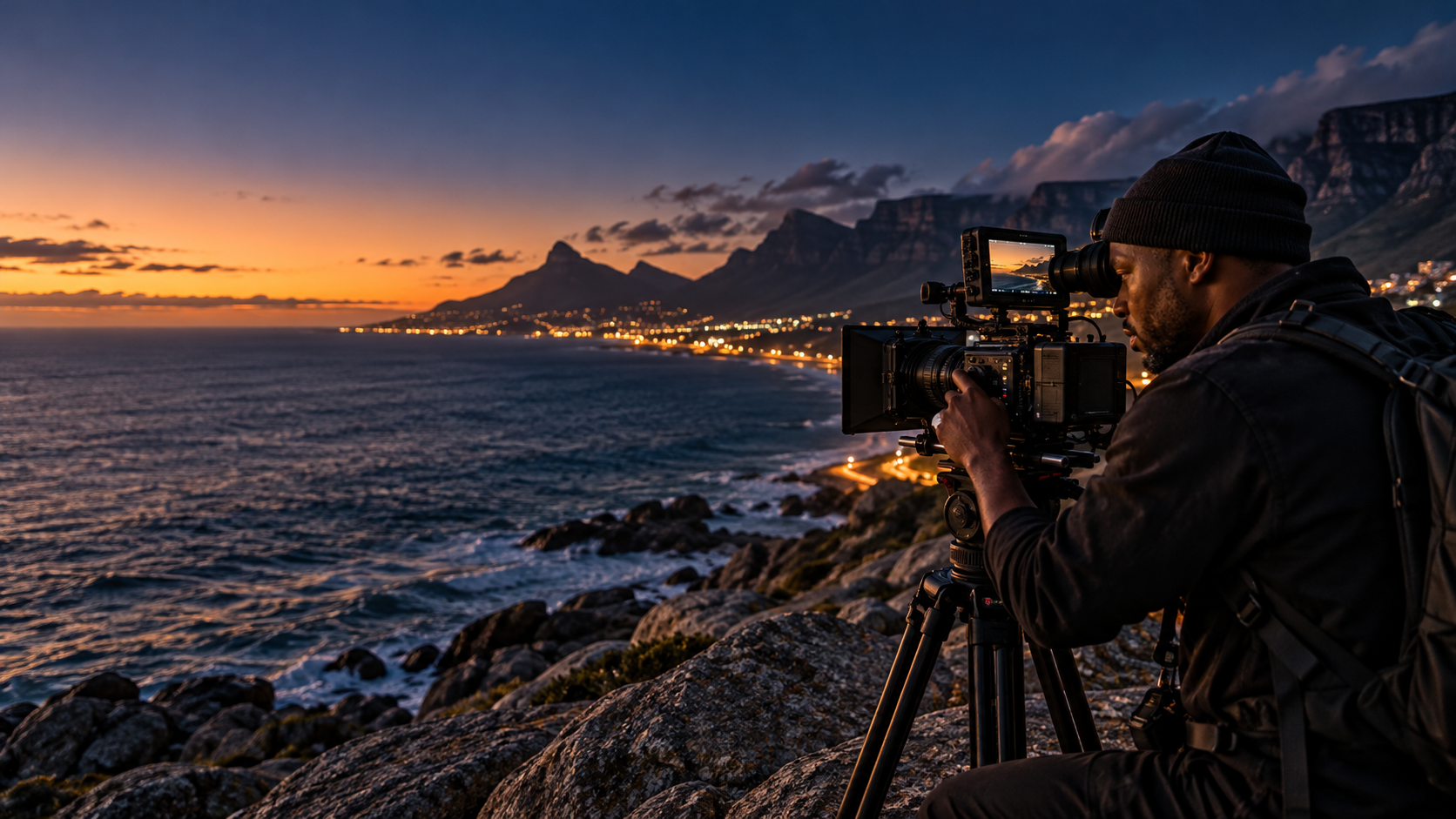 Cinematographer filming on a South African coastline at dusk