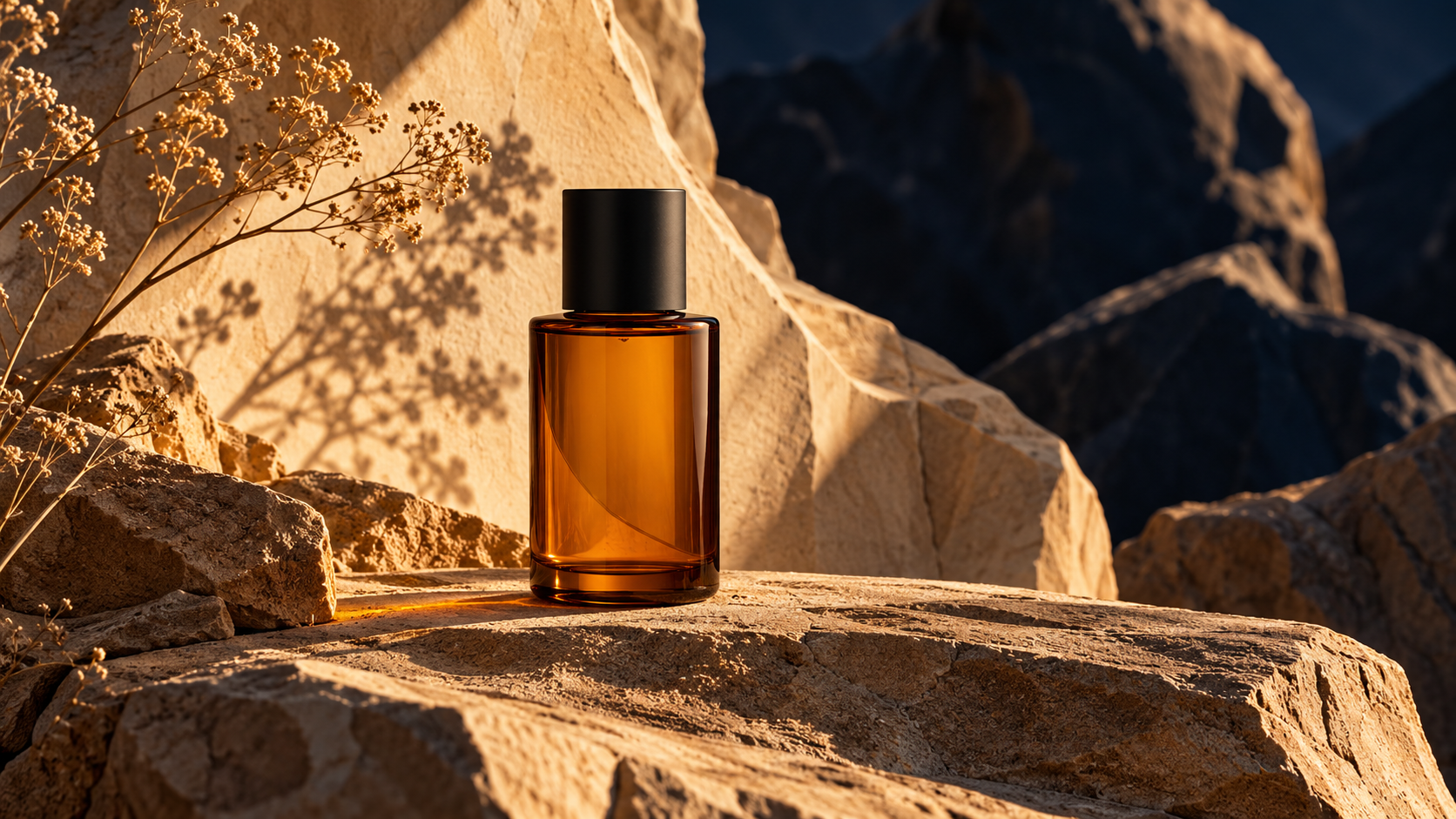 Amber product bottle on textured sandstone