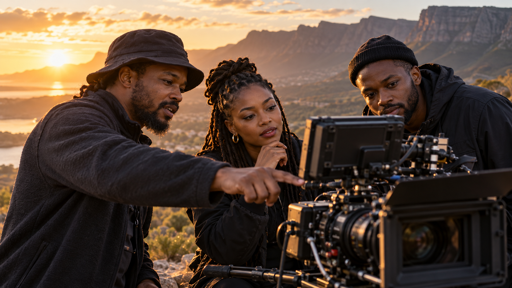 Film crew reviewing a cinema camera monitor